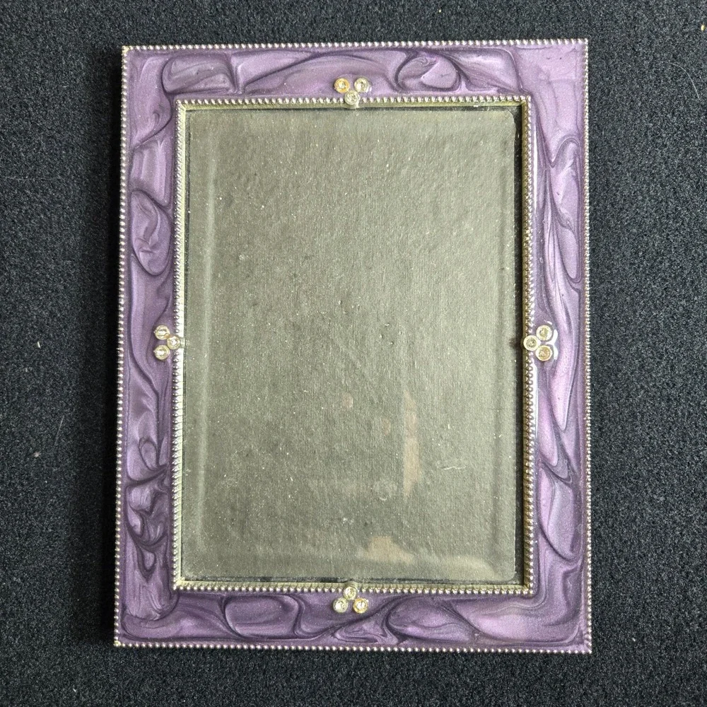 Purple Marbled Enamel Picture Frame Silver Beaded Rhinestone 5x7 Tabletop Decor